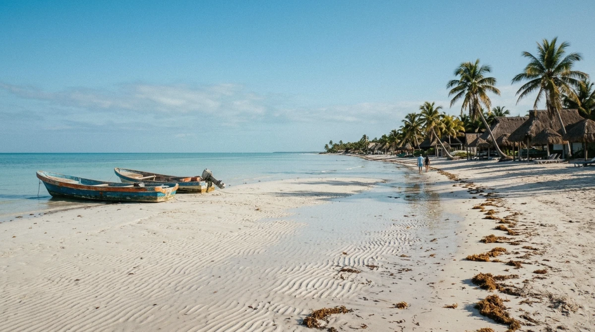 Bright morning sun over the shallow turquoise water on the main town beach on Isla Holbox, Mexico, during the dry season that many travelers pick as the best time to visit Holbox.