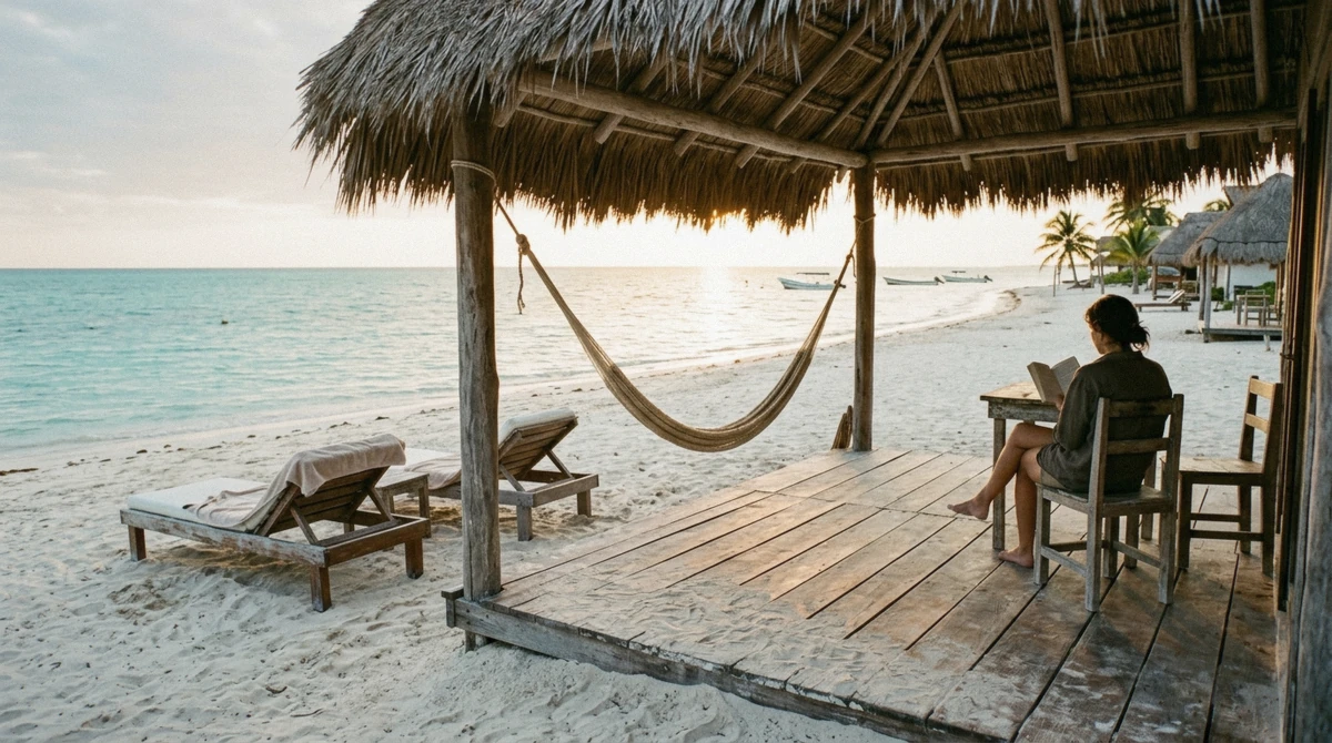 A palapa-roofed hotel terrace facing the beach on Isla Holbox, Mexico, in warm late-afternoon light, the kind of place travelers weigh when deciding where to stay in Holbox.