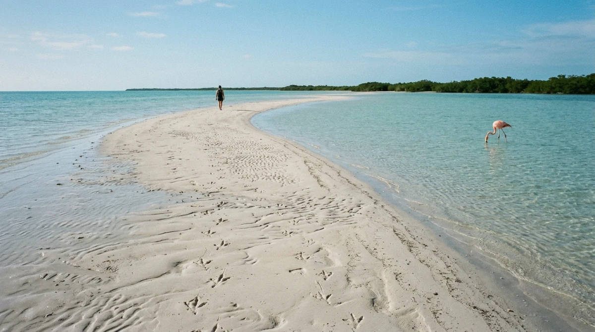 The low-tide sandbank curving toward Punta Mosquito at the eastern end of Isla Holbox, Mexico, with a single flamingo feeding in the shallows near the water the Holbox bioluminescence tours paddle at night.