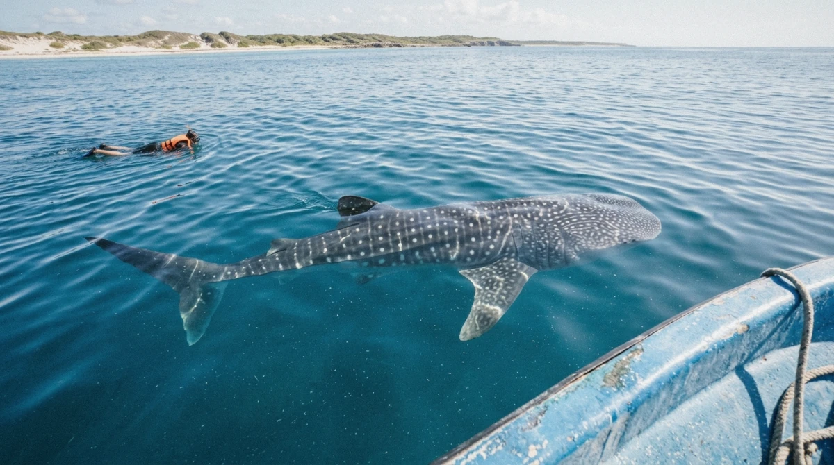 A single whale shark near the surface with one distant snorkeller on a Holbox whale shark tour, Isla Holbox, Mexico
