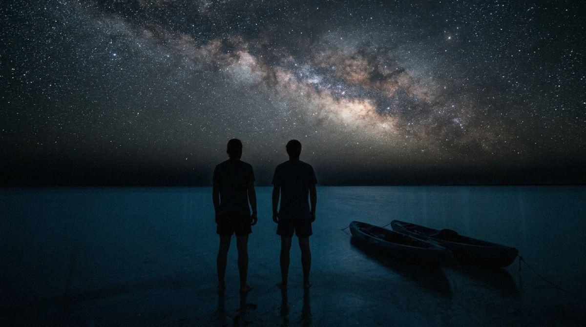 Kayakers standing on a shallow sandbar under a star-filled sky on a Holbox bioluminescence tour, the after-dark trip that overlaps the whale shark season on Isla Holbox, Mexico